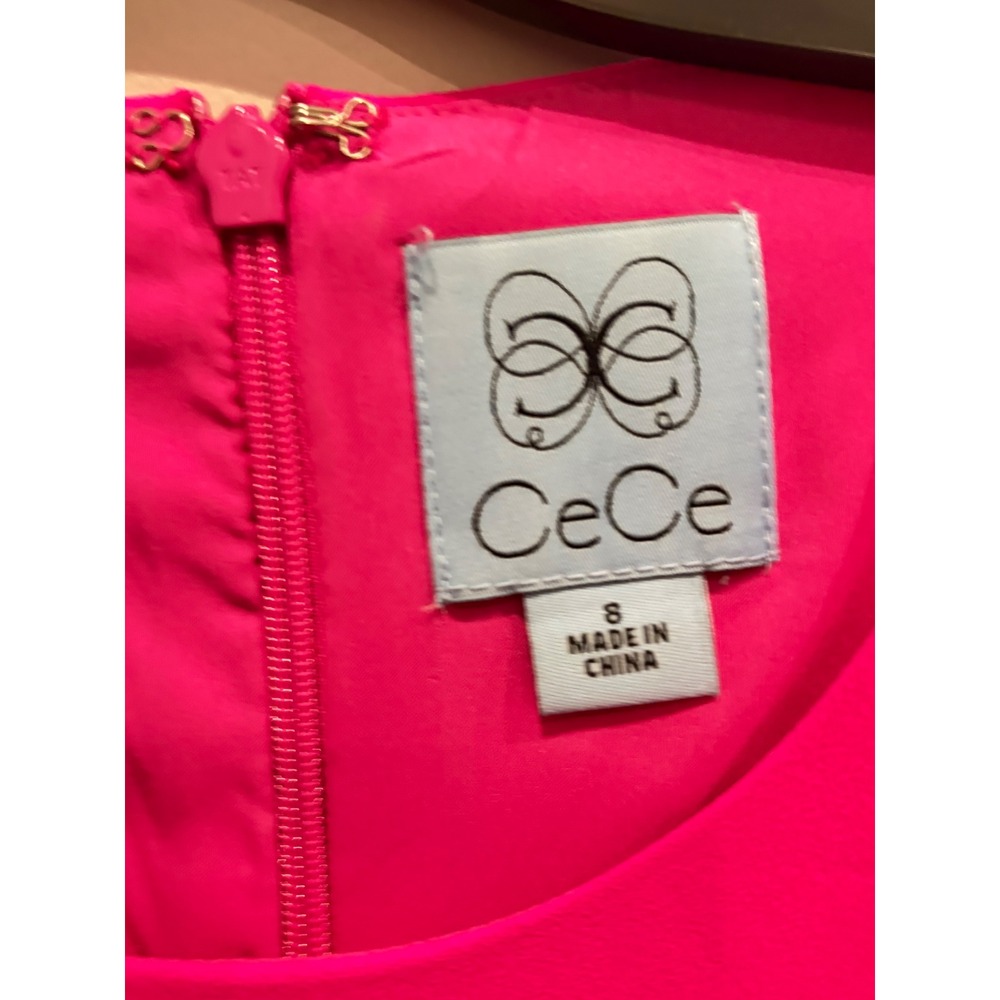 CeCe Hot Pink Tie Cuff Shift Dress Size 8 3/4 Sleeve Round Neck Mini - Picture 2 of 4